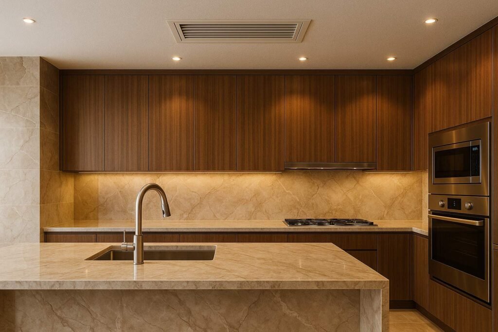 Ultra realistic modern kitchen with marble countertops, stainless steel appliances, wooden cabinetry, and a ducted vent on the ceiling