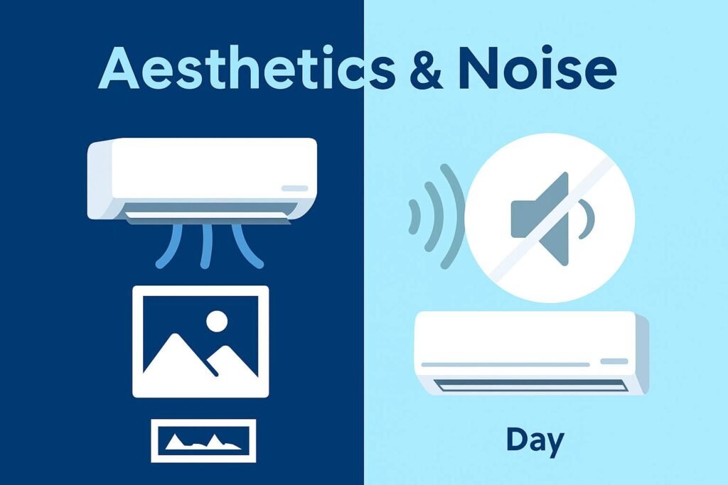 Abstract infographic showing aesthetics and noise considerations of air conditioning systems, including sleek indoor units and decibel icons.