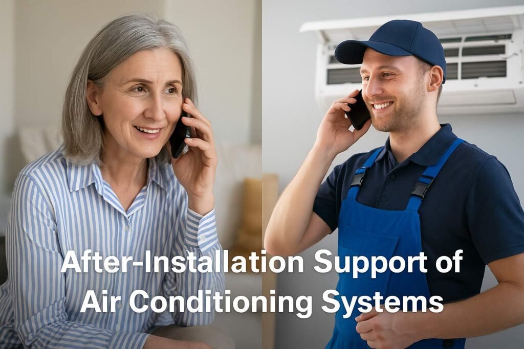 Split-screen showing a customer calling support on the phone and an HVAC technician answering to provide after-installation air conditioning assistance.