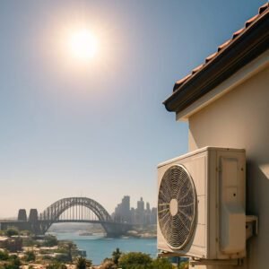 Sydney city under hot summer sun with clear blue sky, showing the Opera House and Harbour Bridge – representing warm, humid climate.