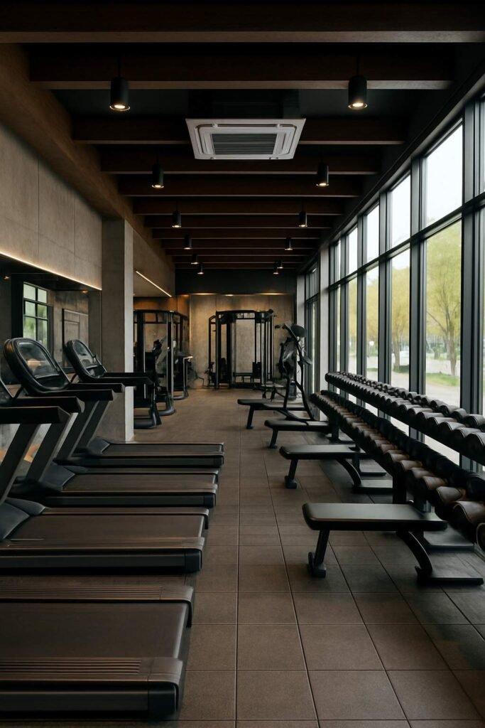 Luxury gym interior with premium equipment, high ceilings, large windows, and ducted air conditioning vents
