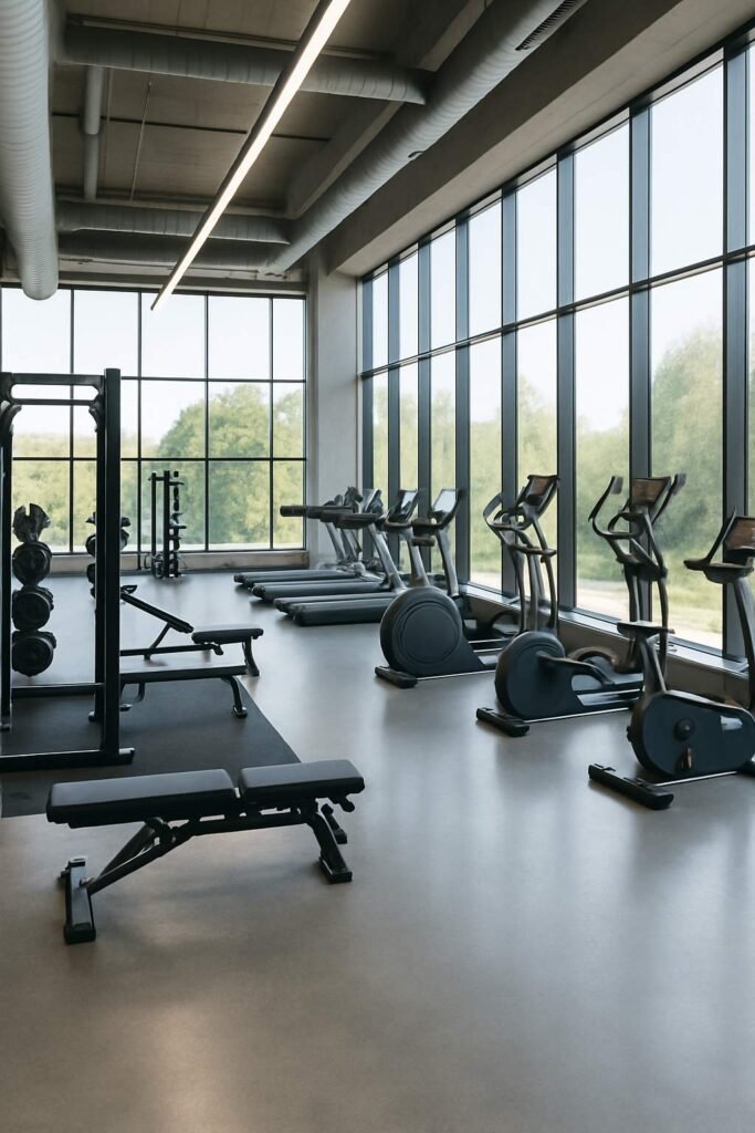 Very large modern gym interior with high ceilings, large windows, and workout equipment