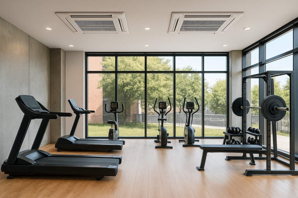 Modern gym interior with two ducted air conditioning vents on the ceiling