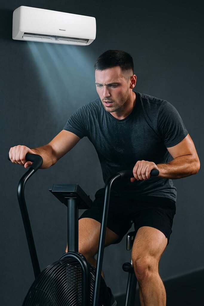 Man exercising in a modern gym with an air conditioner blowing cool air