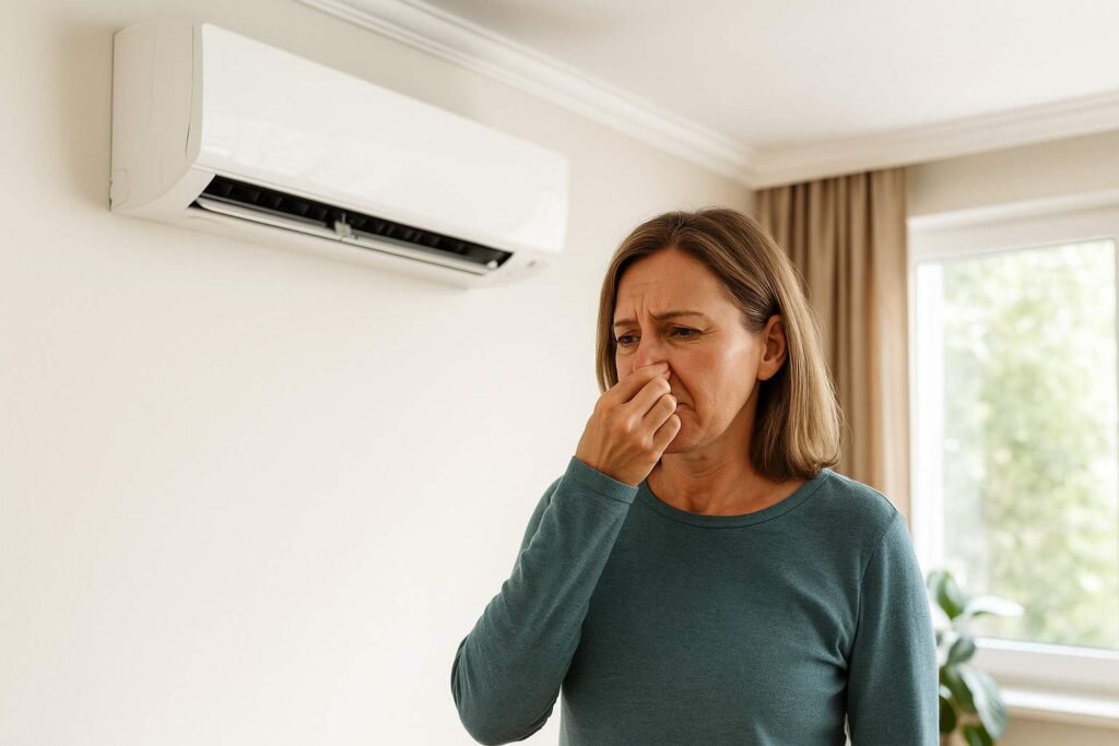 Indoor air conditioner emitting musty smell while woman reacts to bad odor.