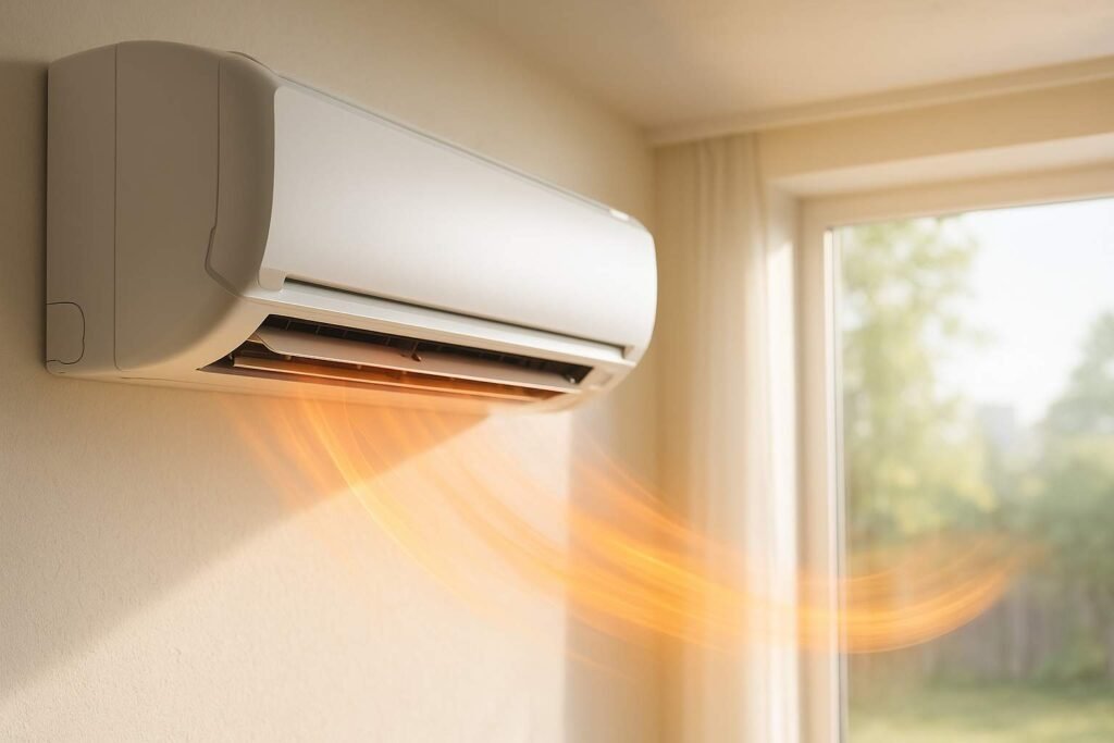 Wall-mounted air conditioner blowing weak and warm air, showing reduced cooling performance.