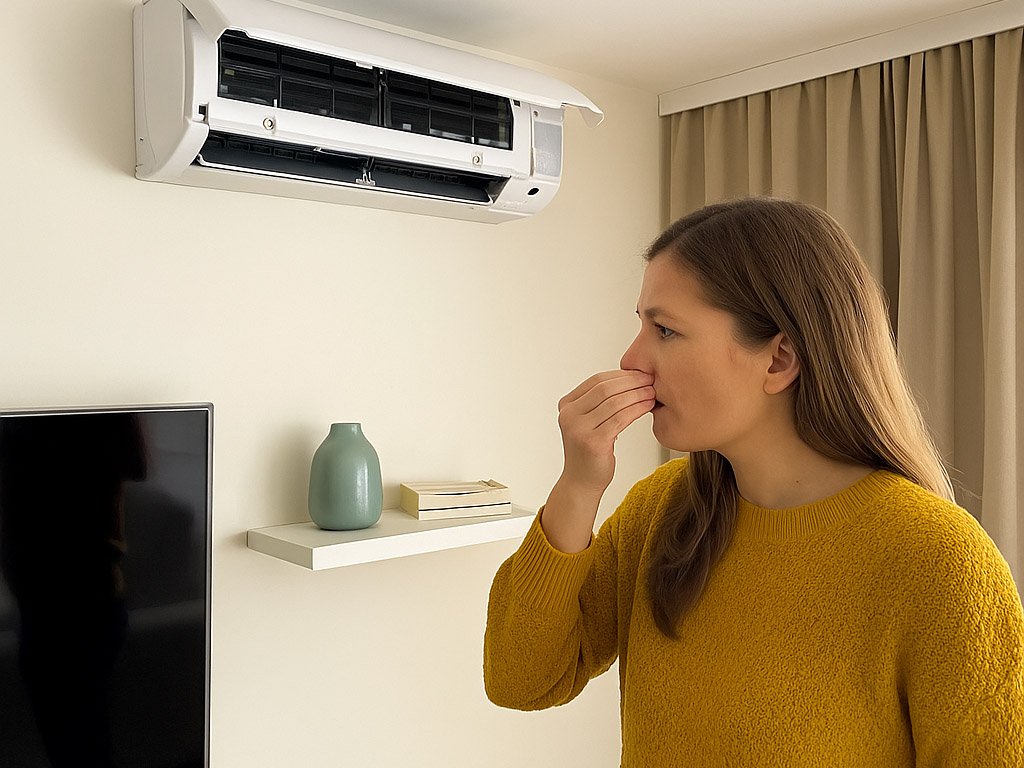 A woman inspecting a wall-mounted air conditioner for unusual sounds or odors inside a living room.