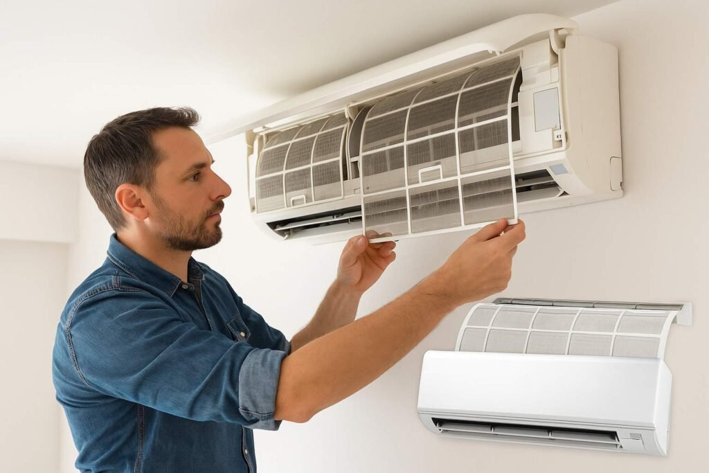 Technician replacing a dirty AC filter to maintain energy efficiency and indoor air quality.