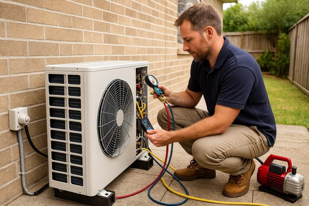 Professional HVAC technician connecting and commissioning a new air conditioning system during installation.