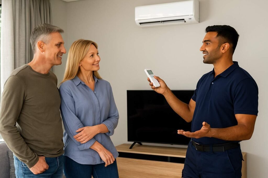 HVAC technician educating customers about air conditioning system usage