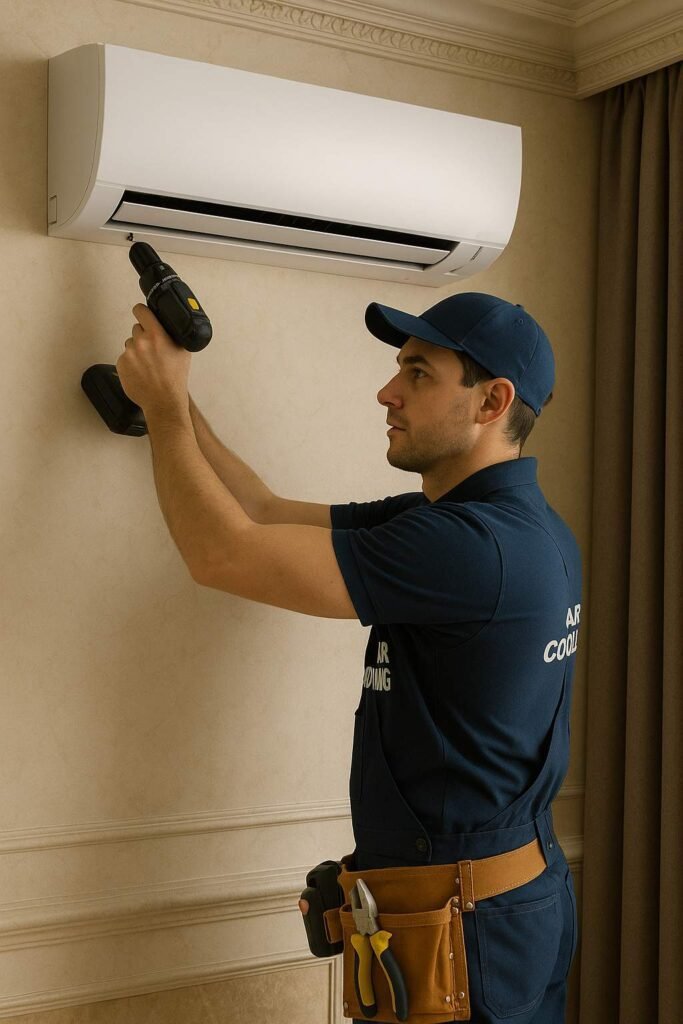 Technician installing a Daikin split system air conditioner in Sydney home.
