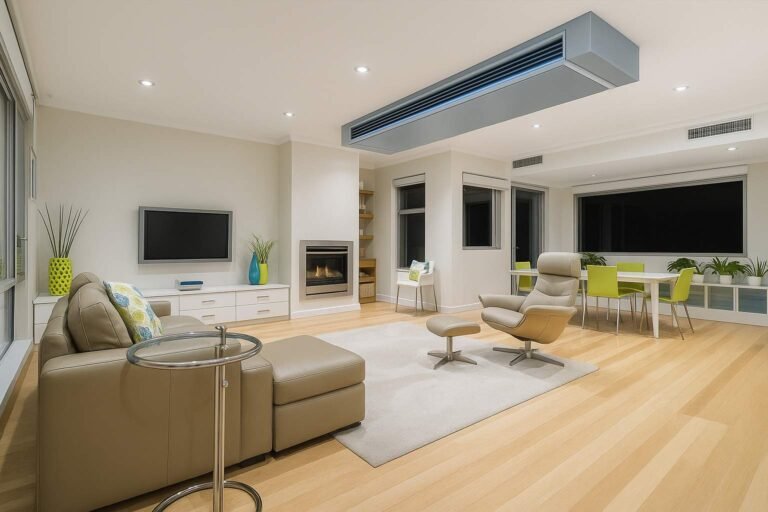 Modern living room with discreet ducted air conditioning vents in the ceiling for whole-home comfort.