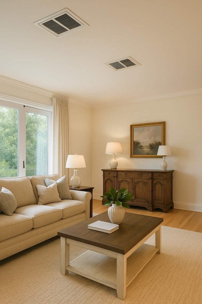 Modern living room with ducted air conditioning vents on the ceiling