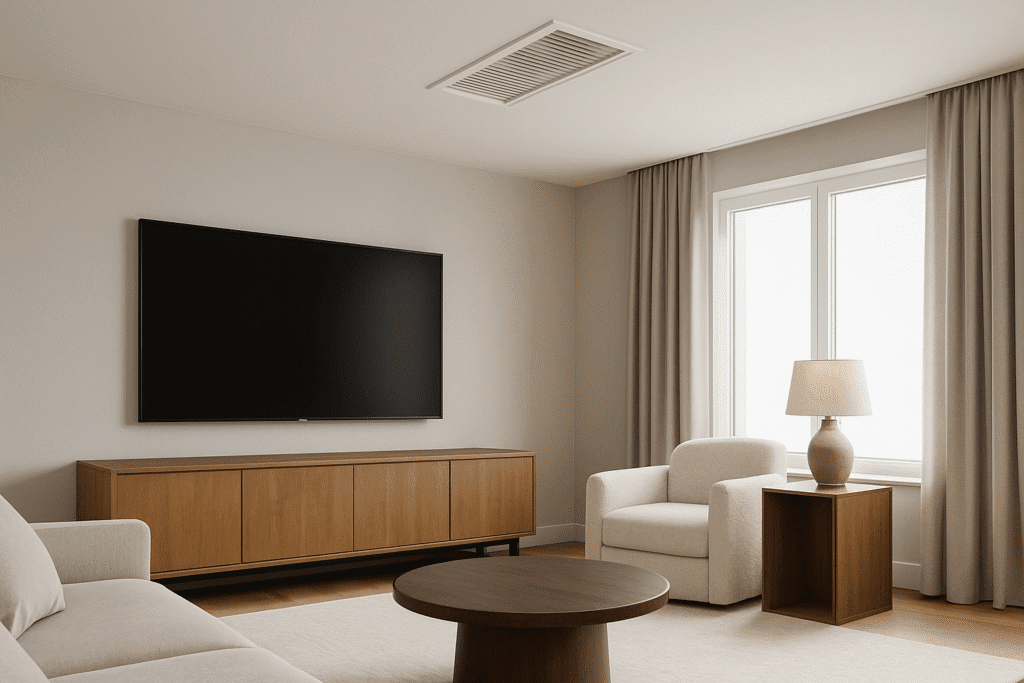 Super realistic modern living room with luxury furniture, flat-screen TV on the wall, and a ducted ceiling vent