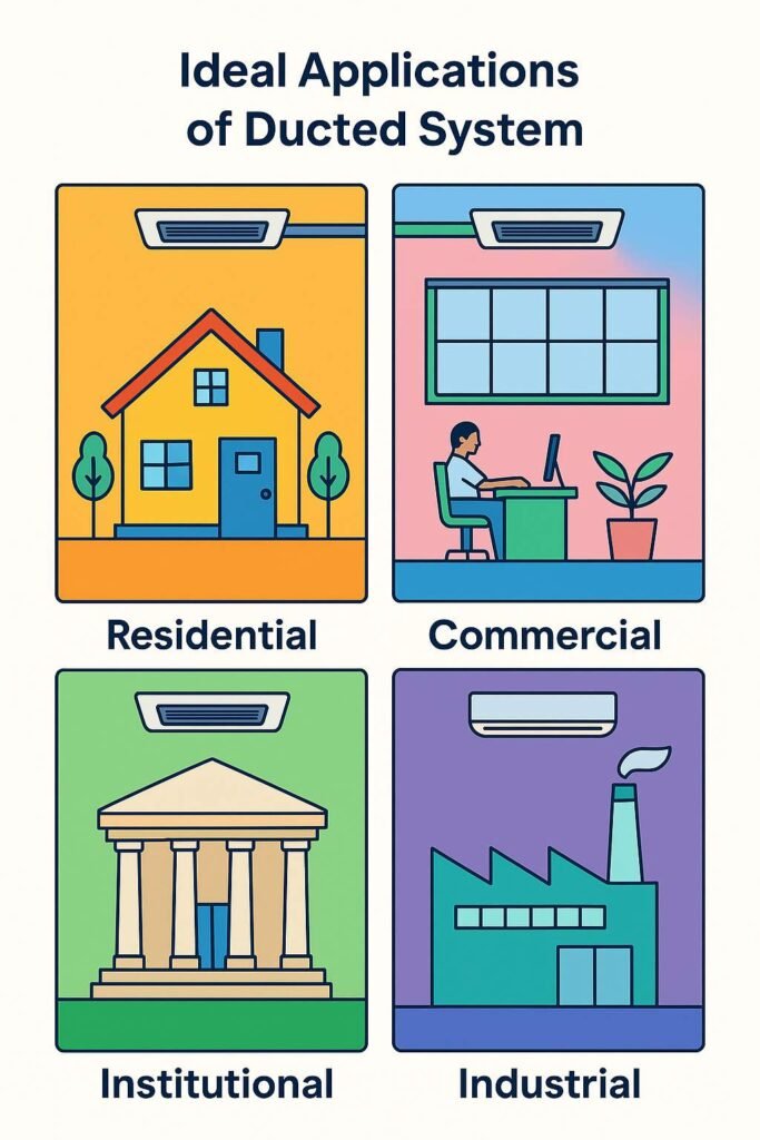 Schematic illustration showing residential, commercial, institutional, and industrial applications of ducted air conditioning systems.