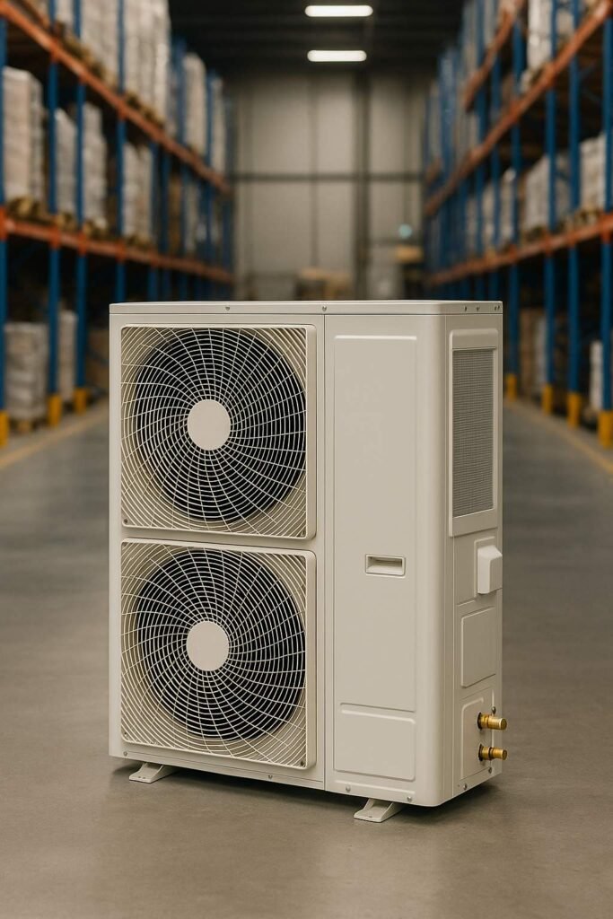 Ducted air conditioning main block unit standing on warehouse floor