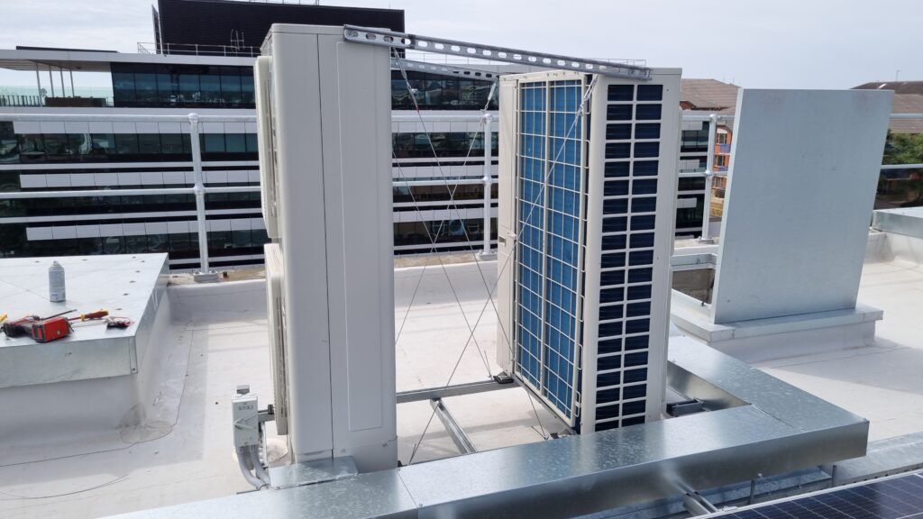 Commercial rooftop Daikin VRV and LG VRF HVAC system installed for an office building in Wollongong