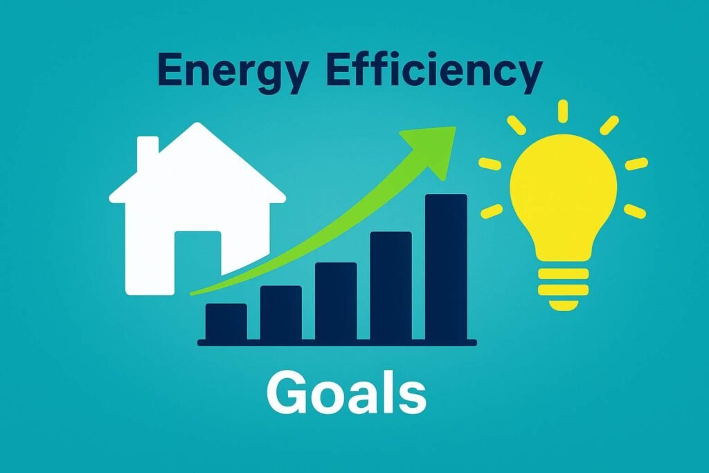 Abstract infographic showing energy efficiency goals with icons of eco-friendly home, solar panel, and green energy savings.