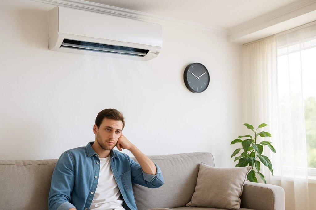 Air conditioner frequently cycling on and off in a modern living room.