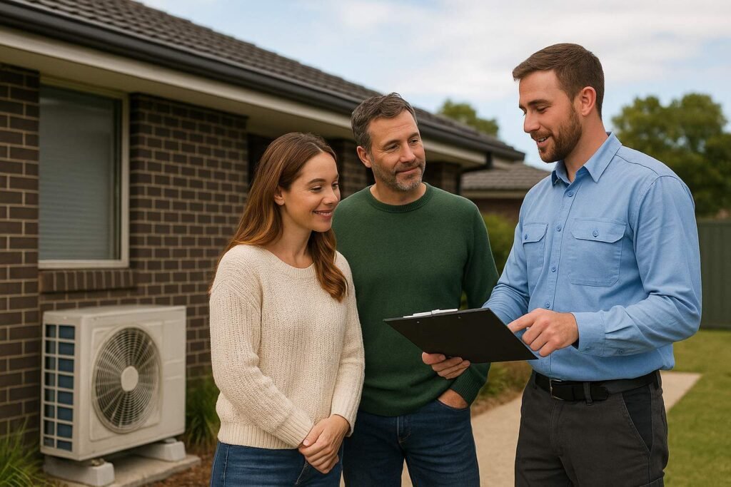 Air conditioning technician conducting onsite consultation and assessment with homeowners.