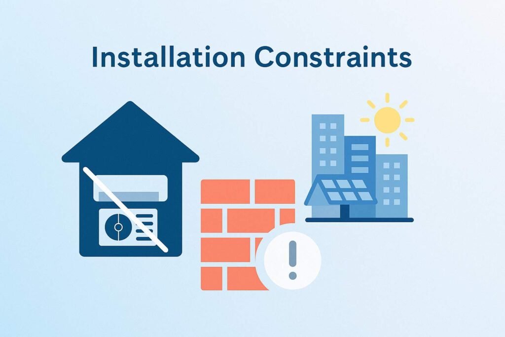 Abstract infographic showing installation constraints for air conditioning systems including roof space, wall placement, and outdoor unit location.