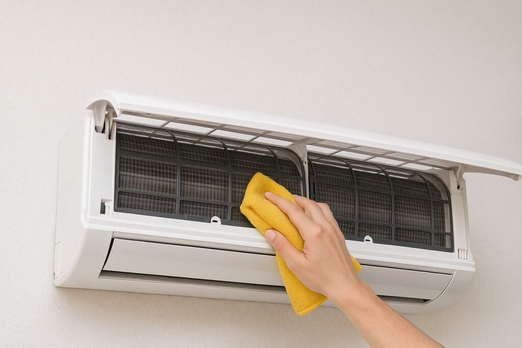 Cleaning air conditioner indoor unit filter with cloth – maintain clean vents for better airflow and efficiency