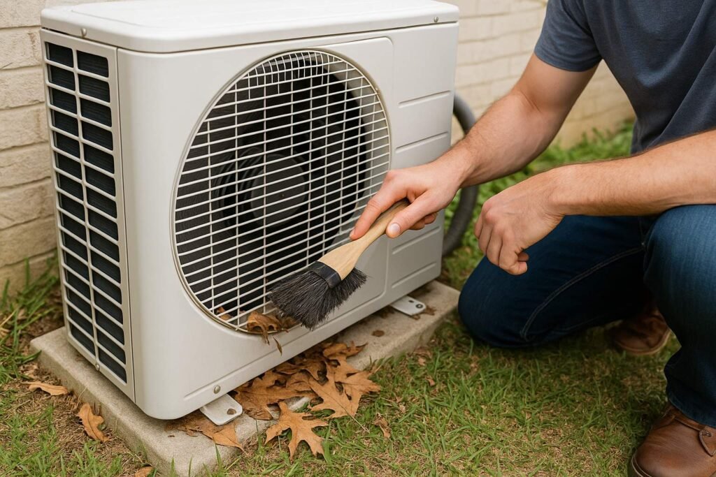 Homeowner cleaning outdoor air conditioning unit, removing leaves and debris from condenser grille for better airflow.