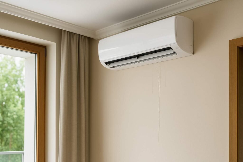 Air conditioner leaking water indoors, showing excess moisture problem requiring repair.