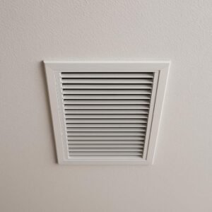 Close-up of a white rectangular ducted vent installed on a modern ceiling