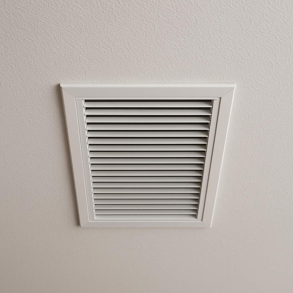 Close-up of a white rectangular ducted vent installed on a modern ceiling