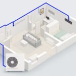 3D model of a modern home interior with split system air conditioning layout, showing outdoor unit connected to multiple indoor units.