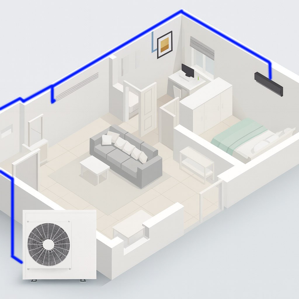 3D model of a modern home interior with split system air conditioning layout, showing outdoor unit connected to multiple indoor units.