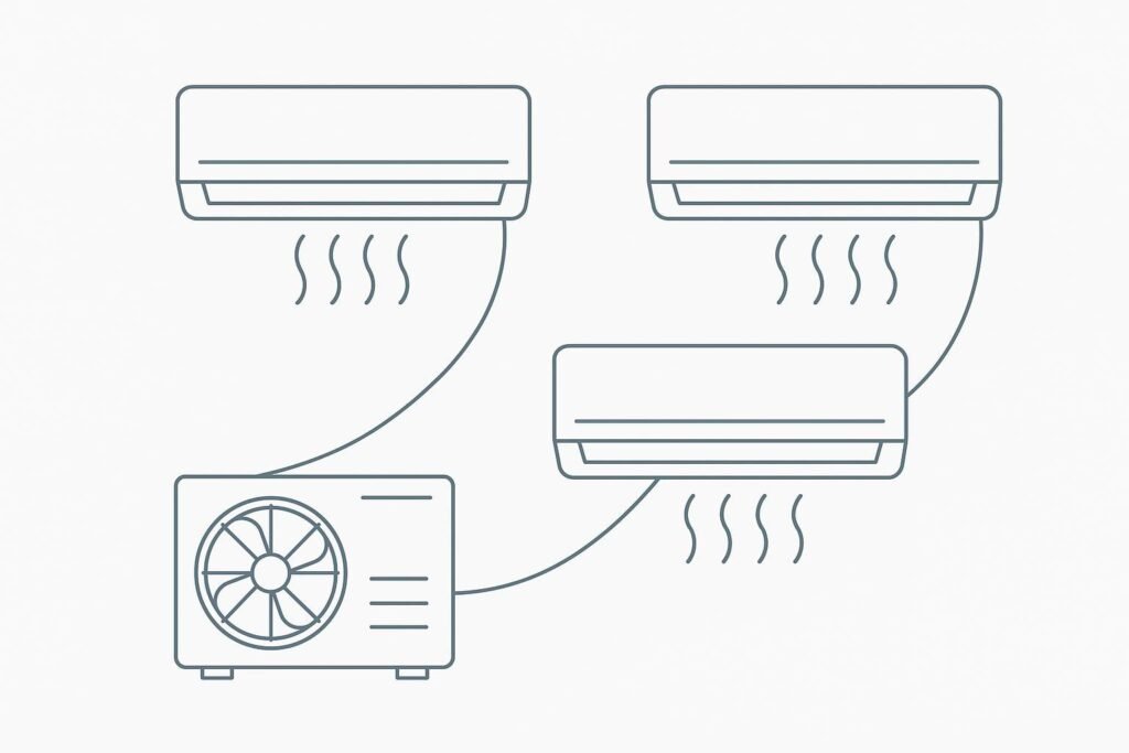 Schematic diagram of a multi-split air conditioning system with one outdoor unit connected to multiple indoor wall-mounted units