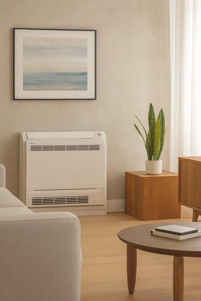 Modern living room with floor-standing air conditioner placed against the wall