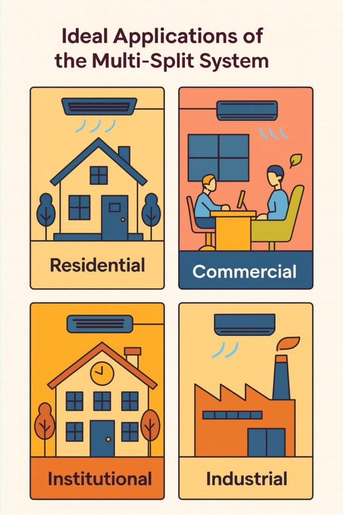 Schematic illustration of a modern home with a multi-split air conditioning system showing one outdoor unit connected to multiple indoor units.