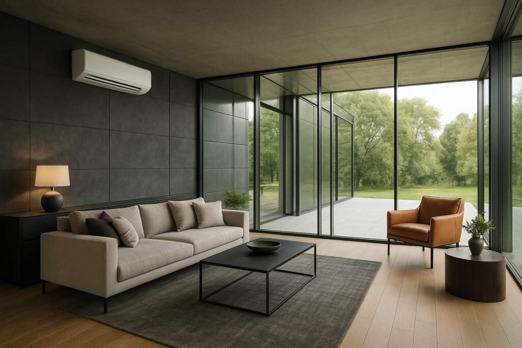 Luxury modern room with steel and glass design featuring a wall-mounted air conditioner