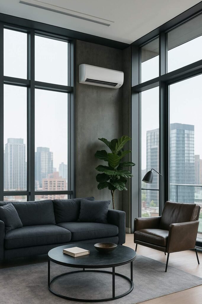 Luxury modern room with steel and glass design featuring a wall-mounted air conditioner