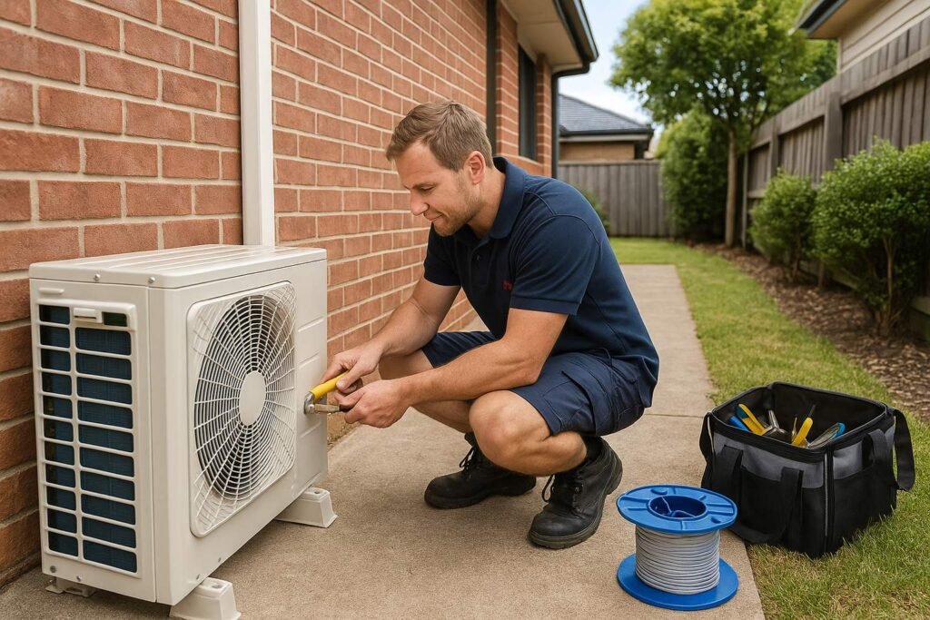 Professional air conditioning installation in Sydney – licensed HVAC technician setting up outdoor AC unit for reliable cooling and heating.