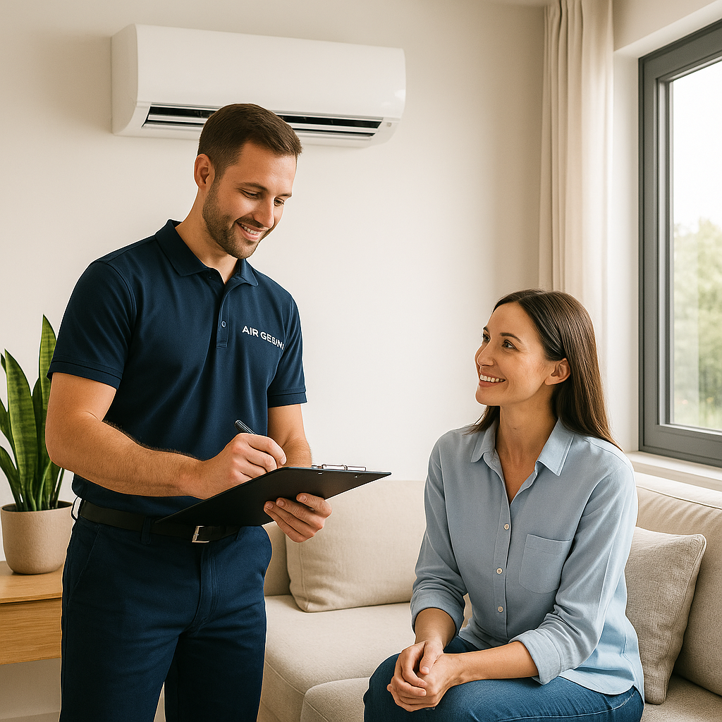 An HVAC technician consulting with a homeowner inside a modern Sydney living room, discussing the best air conditioning system for the home.