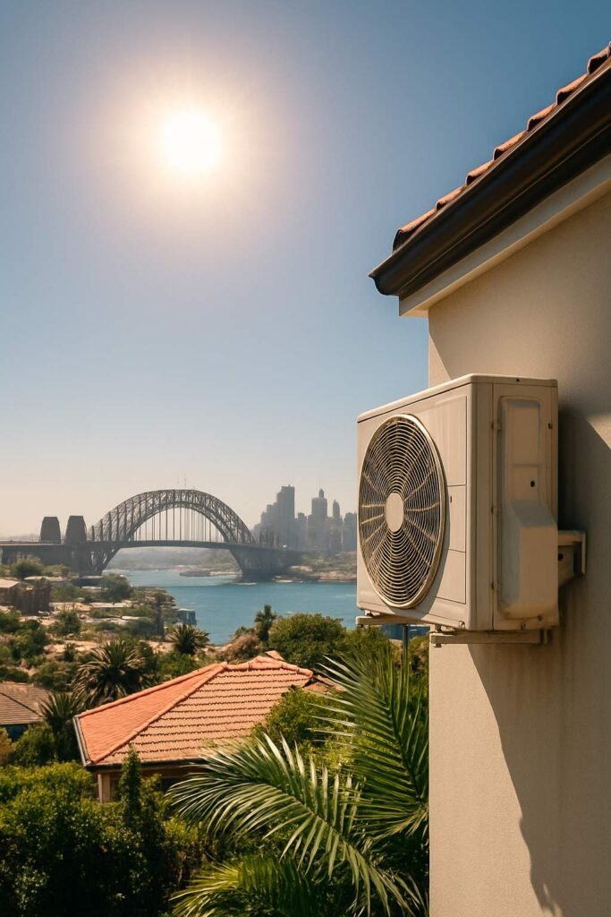 Sydney city under hot summer sun with clear blue sky, showing the Opera House and Harbour Bridge – representing warm, humid climate.