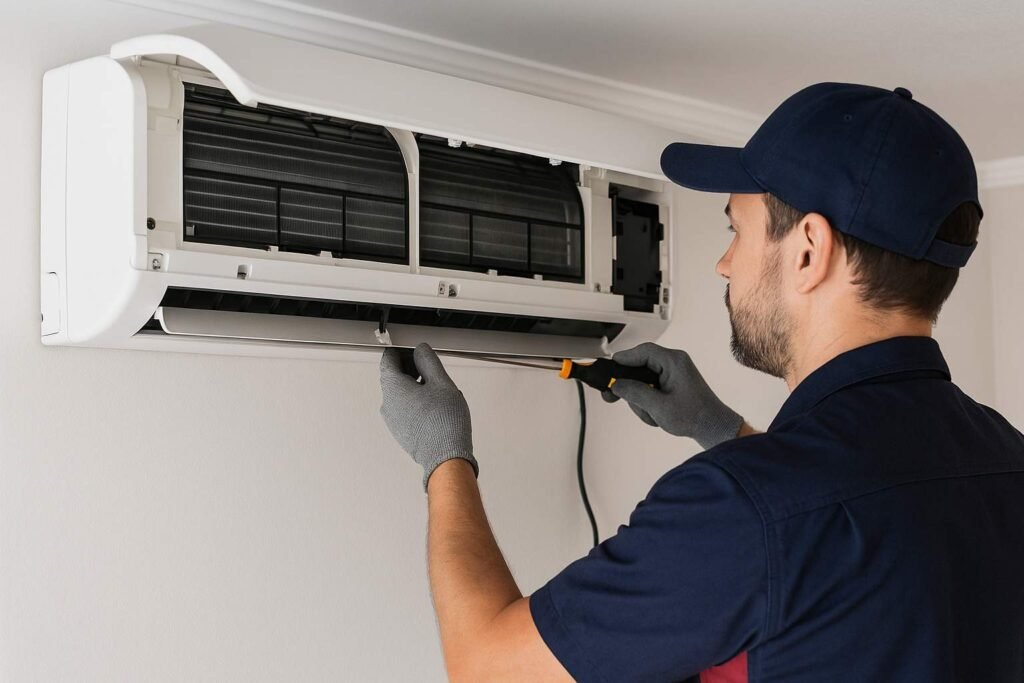 HVAC technician performing annual maintenance on split system air conditioner
