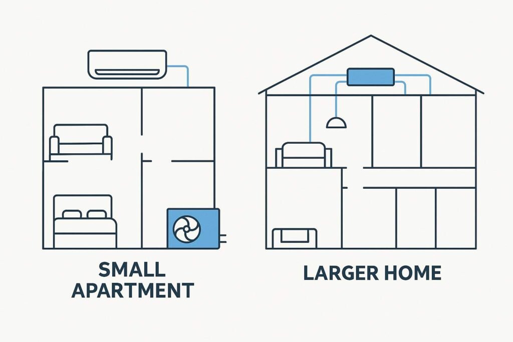 2D schematic illustration comparing air conditioning options by home size and layout, including split systems, multi-split, and ducted systems.