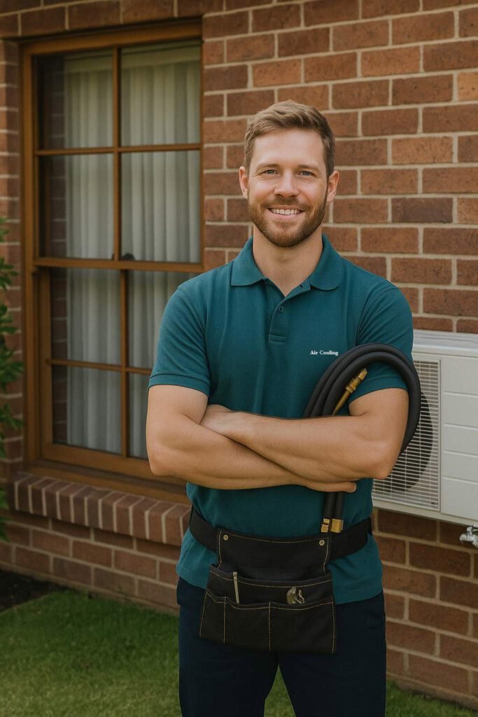 Technician servicing a split system air conditioner in a modern Sydney home. Title: Sydney Split System Air Conditioning Specialists