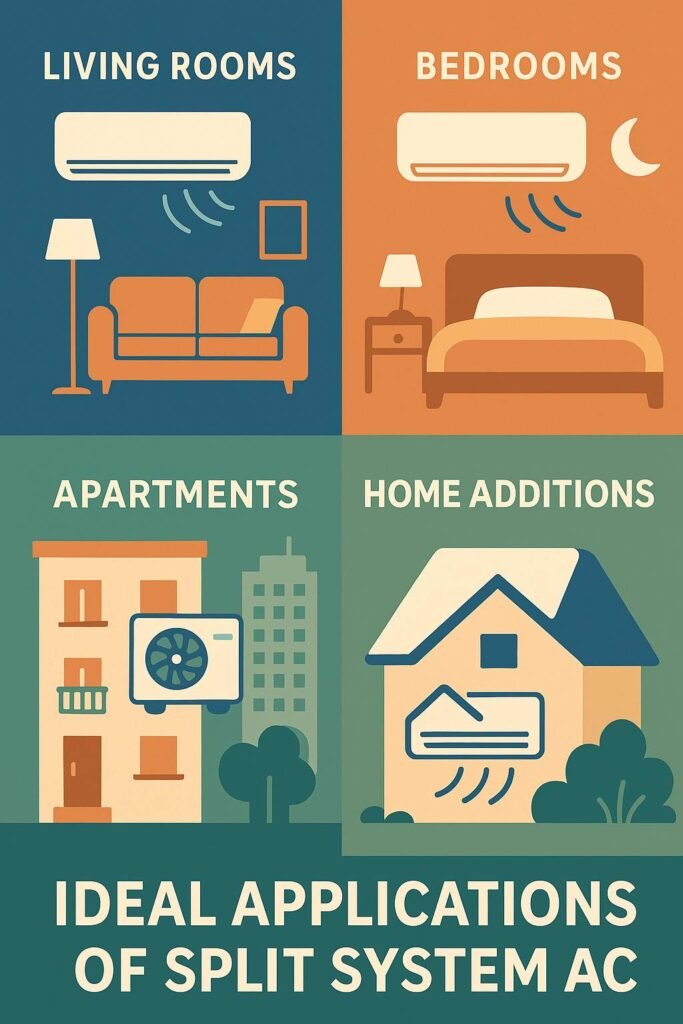 Abstract illustration showing ideal applications of split system air conditioning with flowing cool air shapes and gradients.