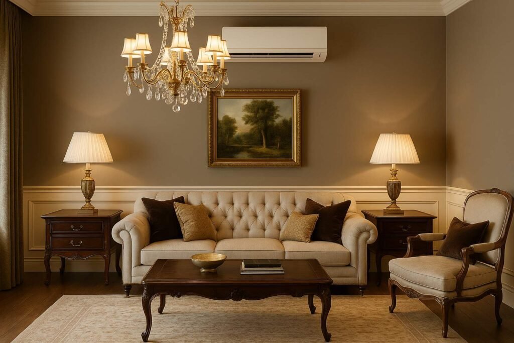 Luxury living room with premium furniture and a modern split system air conditioner on the wall.