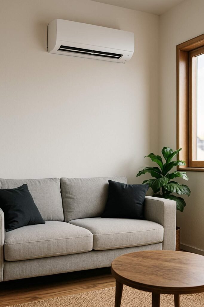 Modern living room with a wall-mounted split air conditioner providing cool air