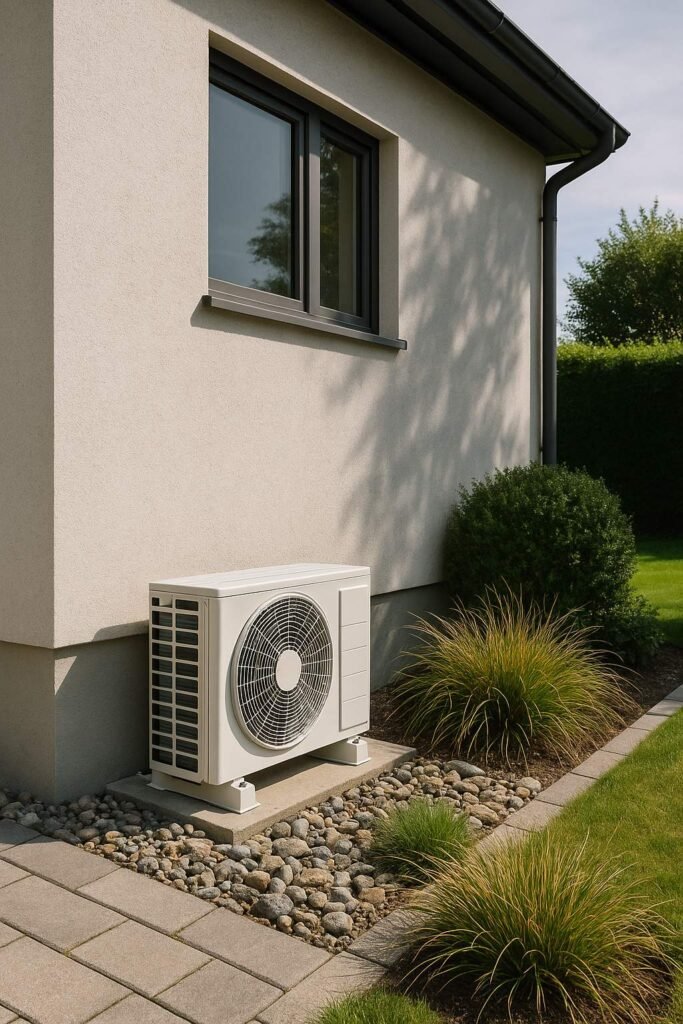 Outdoor split air conditioner unit installed on a modern home exterior wall near a landscaped garden.