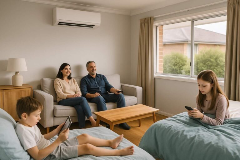 A family in a modern suburban home enjoying cool indoor air from an air conditioning system, showing comfort across multiple rooms.