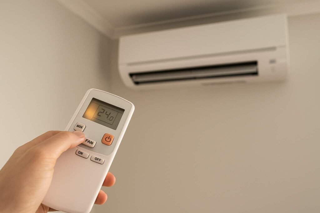 Air conditioner remote control showing settings while the AC unit remains unresponsive, symbolizing control or error code issues.
