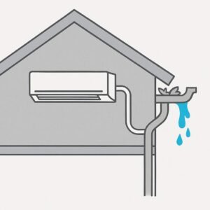 Schematic of ducted air conditioning unit drain line connected to blocked gutter causing water overflow